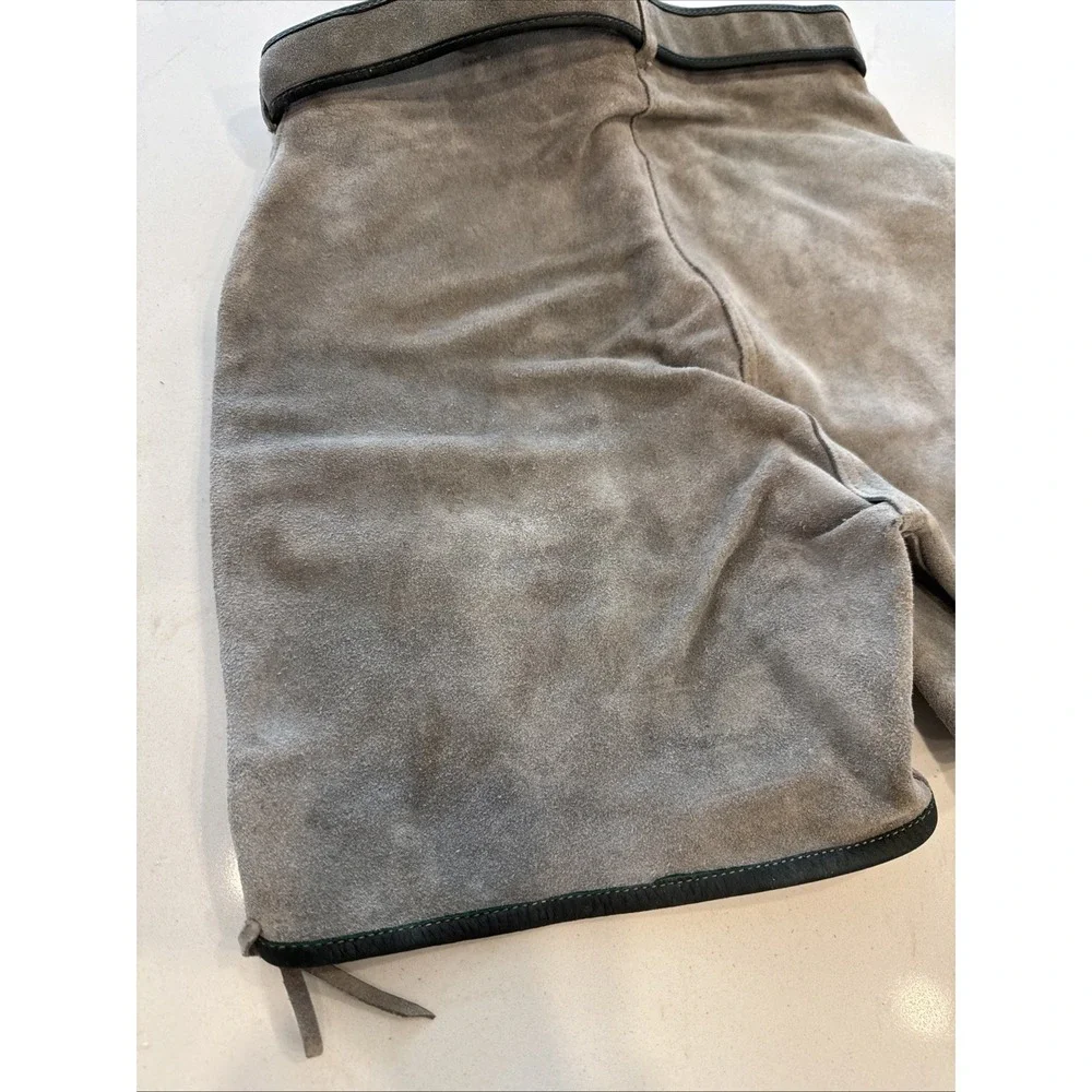 Vintage Grey Suede Lederhosen Shorts Black Leaf Applique Lace Up Alpine 25 Waist